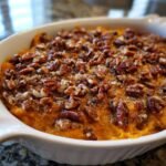 Close-up of a rich orange Paleo Sweet Potato Casserole topped generously with toasted pecans and spice.