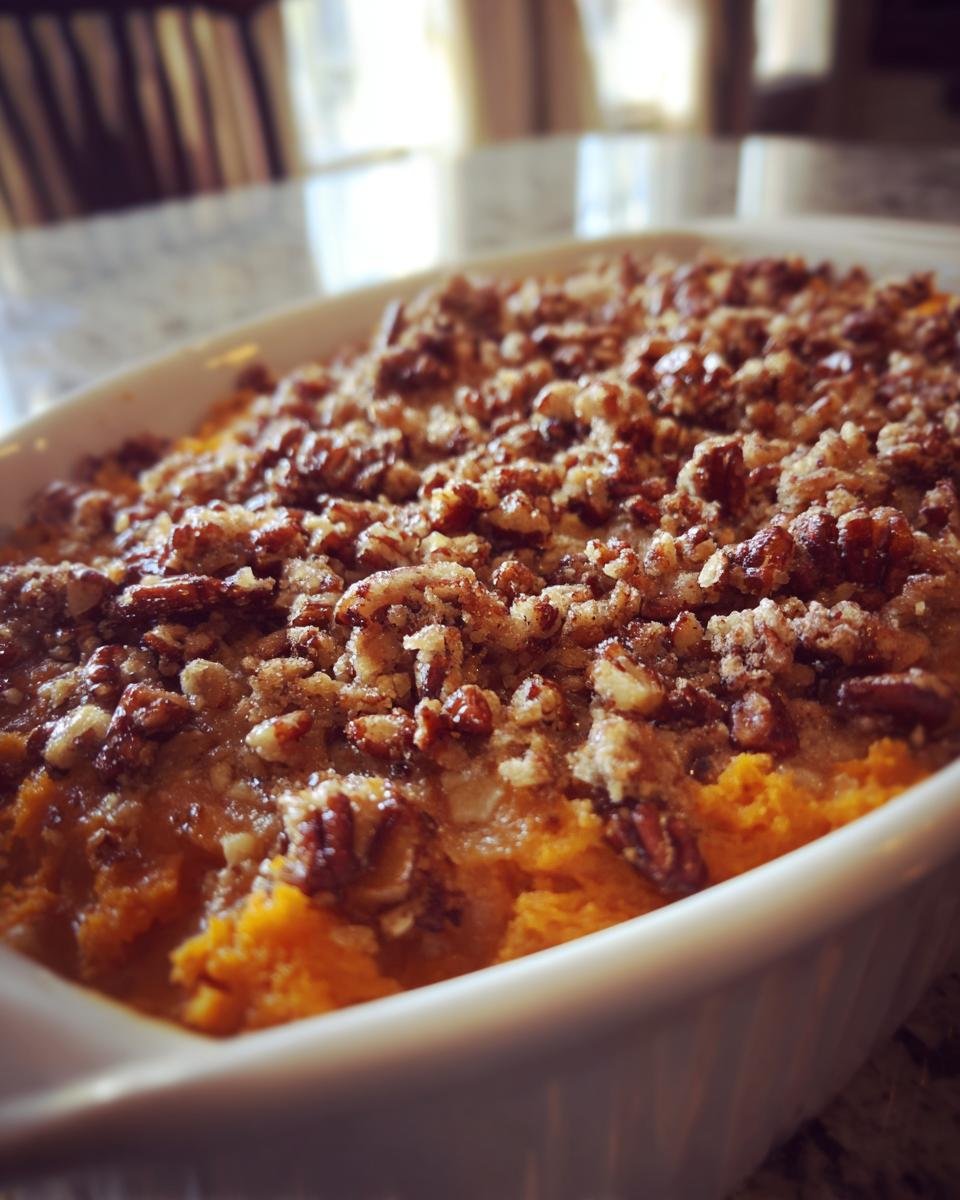 Close-up of a baked Paleo Sweet Potato Casserole topped generously with a crunchy pecan crumble.