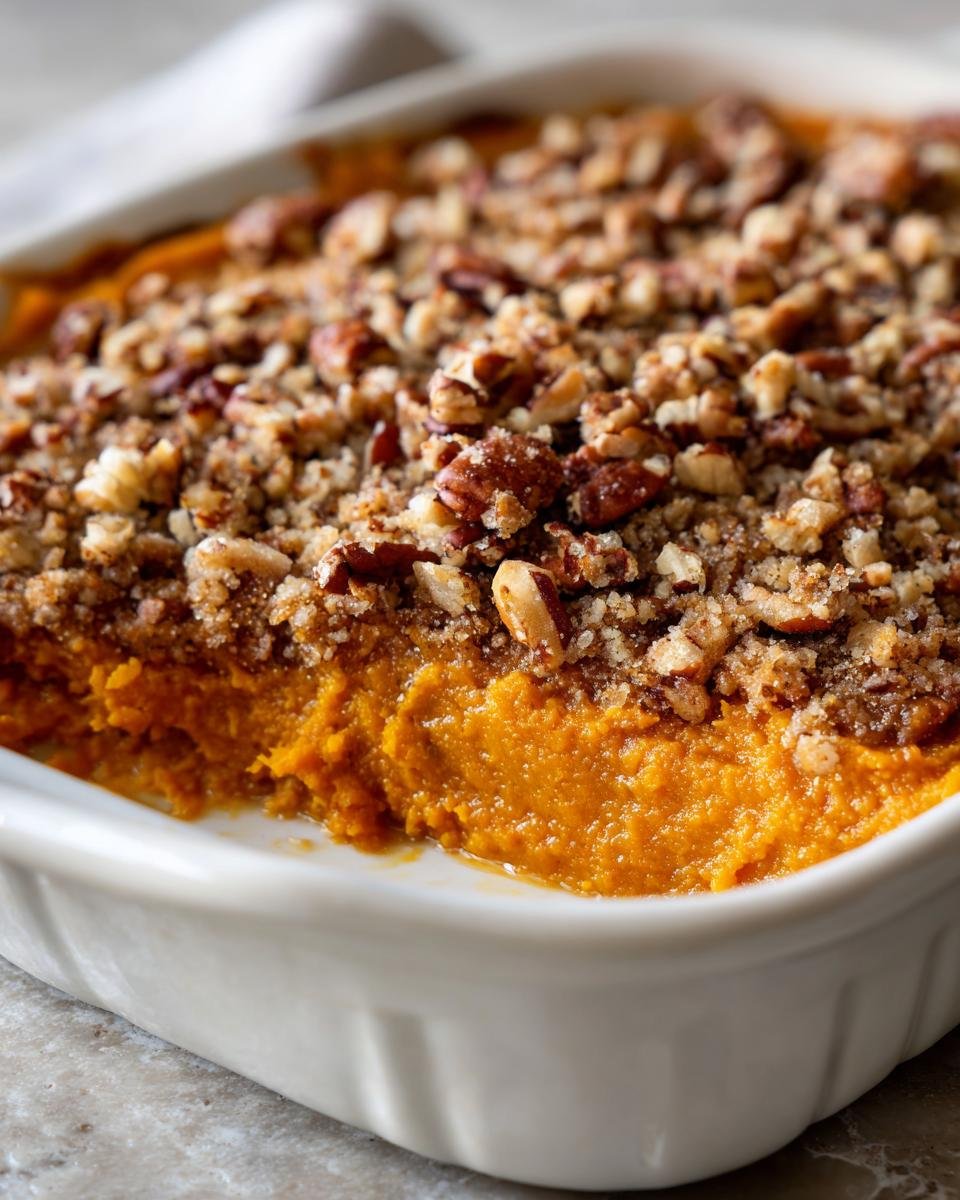 A close-up view of a creamy Paleo Sweet Potato Casserole topped with a crunchy pecan crumble in a white baking dish.