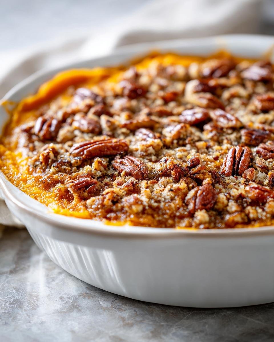 A close-up view of a baked Paleo Sweet Potato Casserole topped generously with crunchy pecans and streusel.