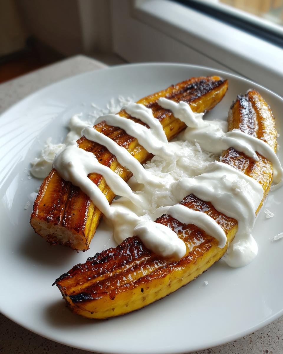 Close-up of caramelized Pan Fried Bananas With Coconut Cream drizzled over warm fruit.