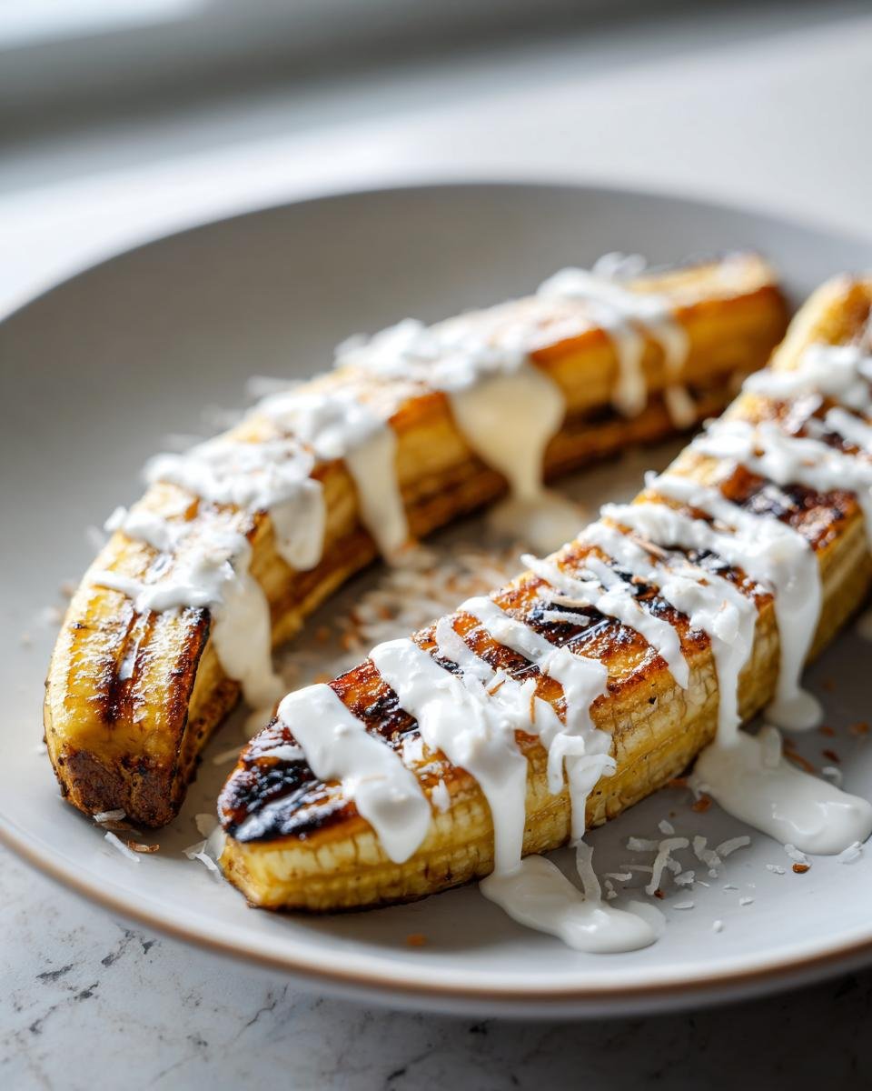 Two halves of Pan Fried Bananas With Coconut Cream drizzled with white sauce and sprinkled with coconut flakes on a plate.