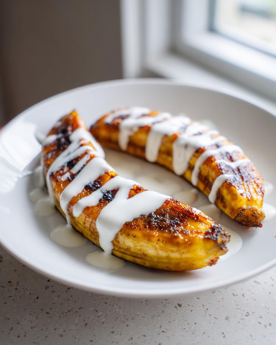 Two caramelized Pan Fried Bananas With Coconut Cream drizzled on a white plate near a window.