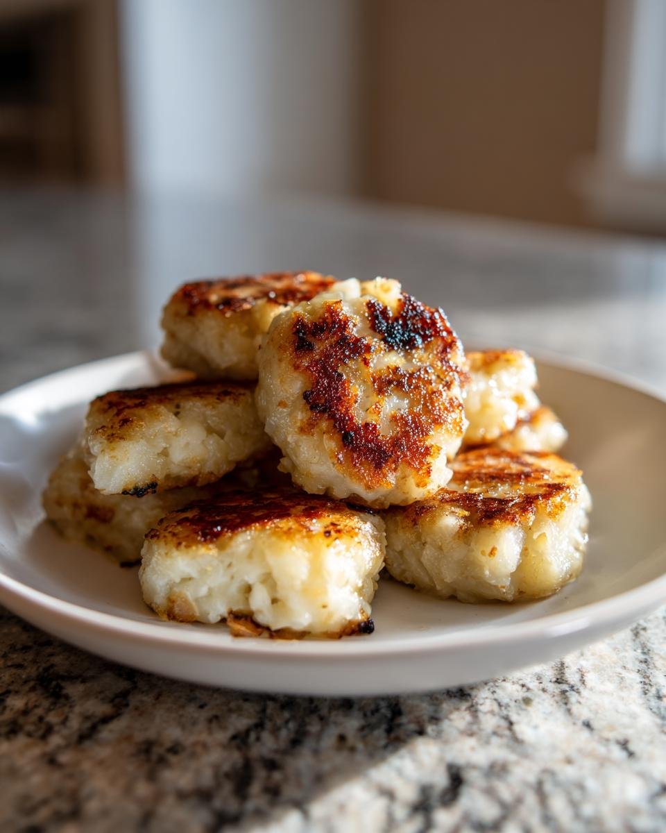 A stack of golden-brown, pan-fried German Cabbage Dumplings on a white plate.