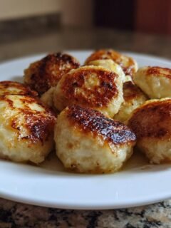 A plate of golden-brown, pan-fried German Cabbage Dumplings glistening with butter or oil.