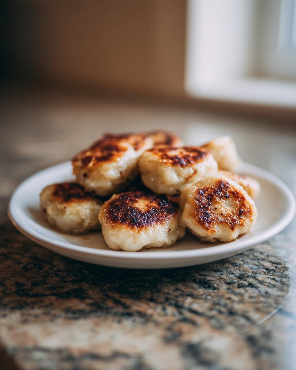 A small white plate piled high with golden-brown, pan-fried German Cabbage Dumplings resting on a speckled countertop.
