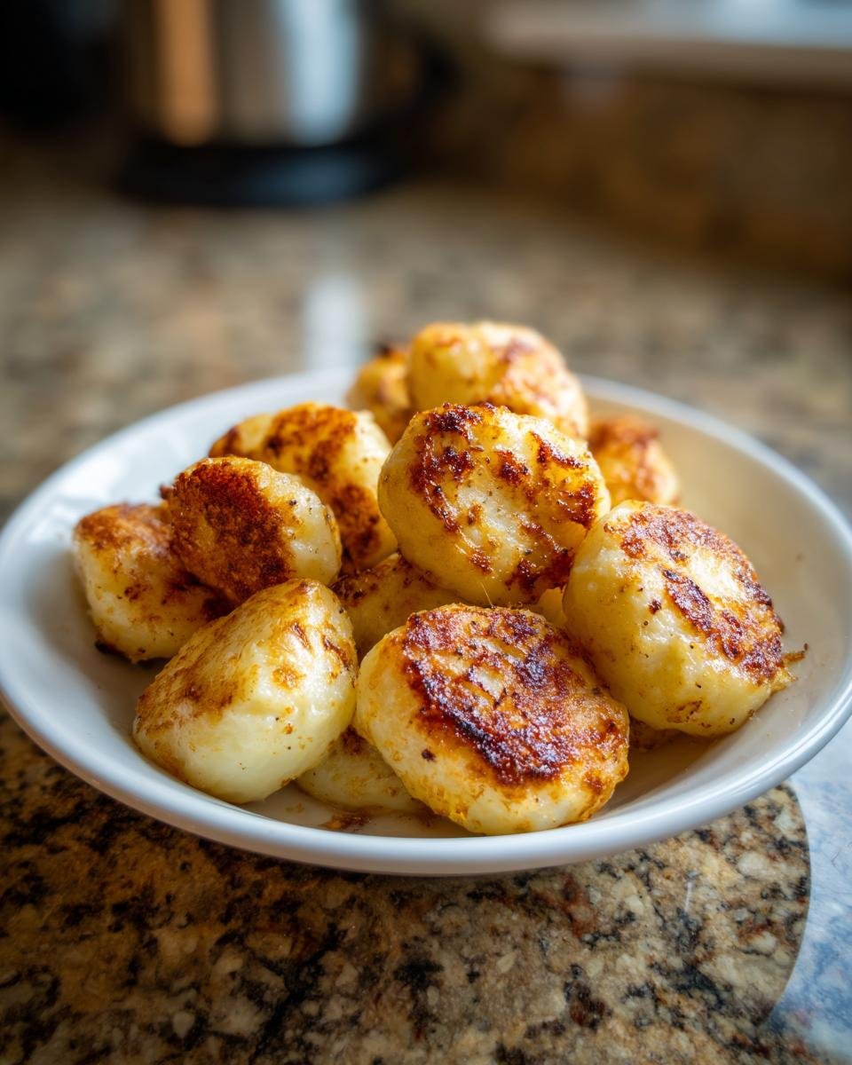 A white bowl filled with golden-brown, pan-fried German Cabbage Dumplings resting on a granite countertop.