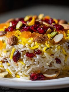 A perfectly molded serving of Persian Jeweled Rice topped with almonds, pistachios, dried cranberries, and orange zest.