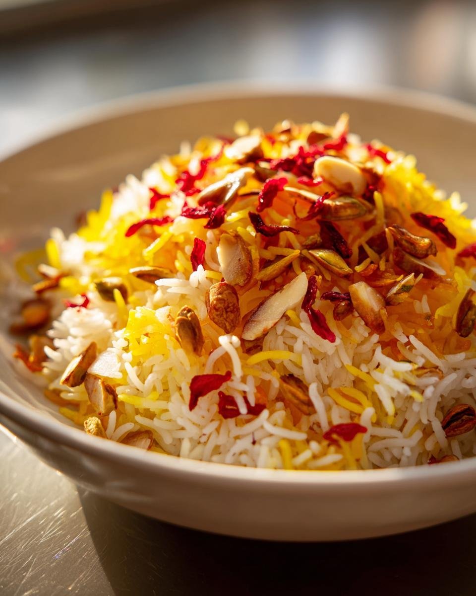 A close-up of beautifully plated Persian Jeweled Rice, topped with saffron-colored grains, almonds, and barberries.