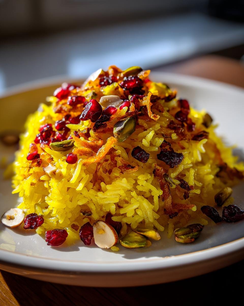 A mound of bright yellow Persian Jeweled Rice topped with pistachios, almonds, and dried cranberries.