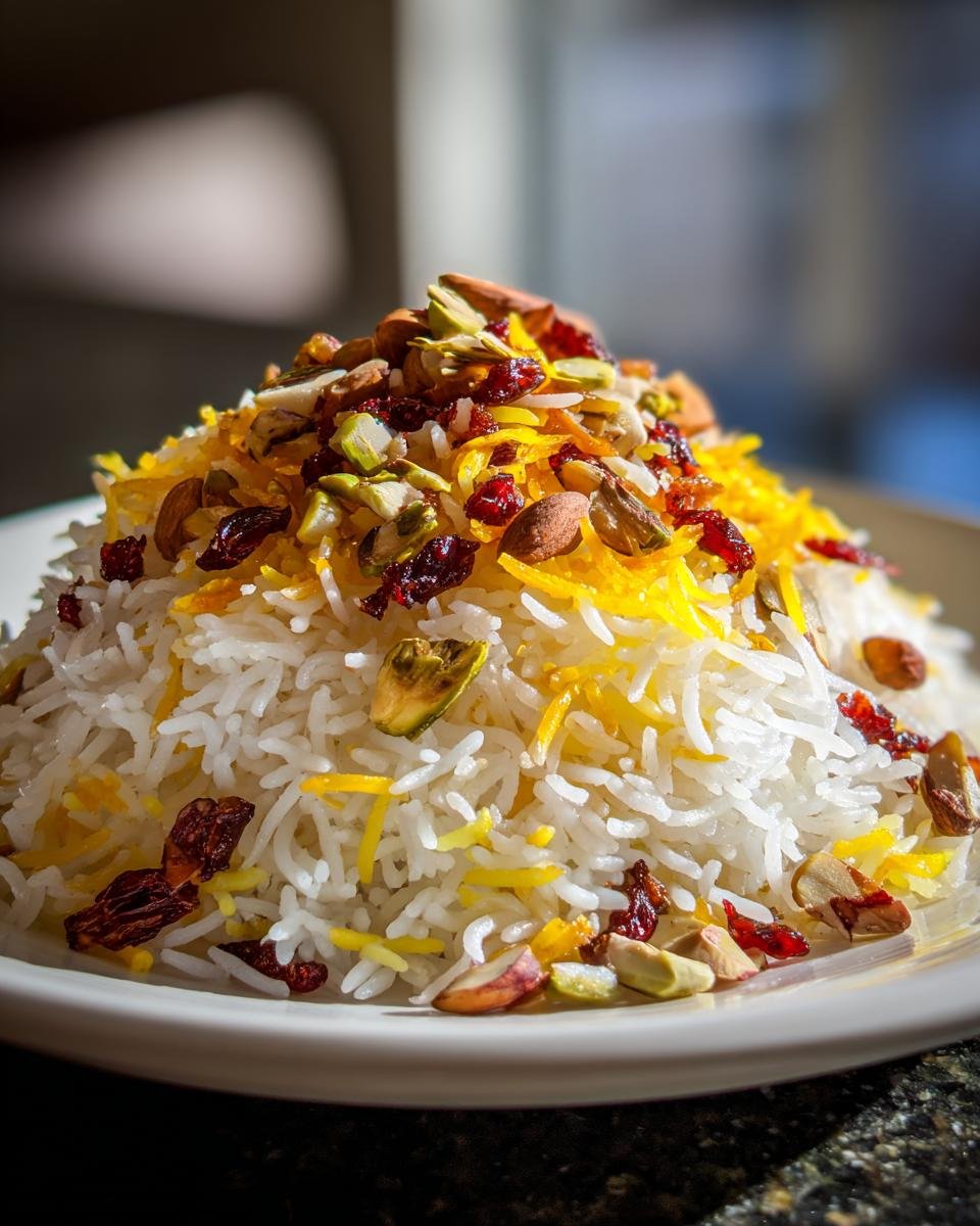 A mound of fluffy Persian Jeweled Rice topped with saffron, pistachios, almonds, and dried cranberries.
