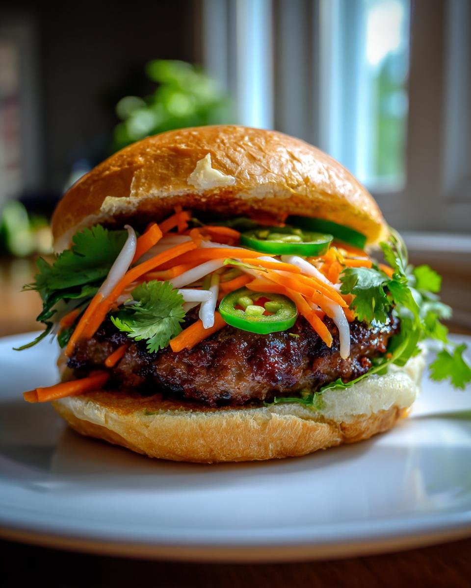 A juicy Pork Banh Mi Burger topped with pickled carrots, daikon, cilantro, and jalape&ntilde;o slices.