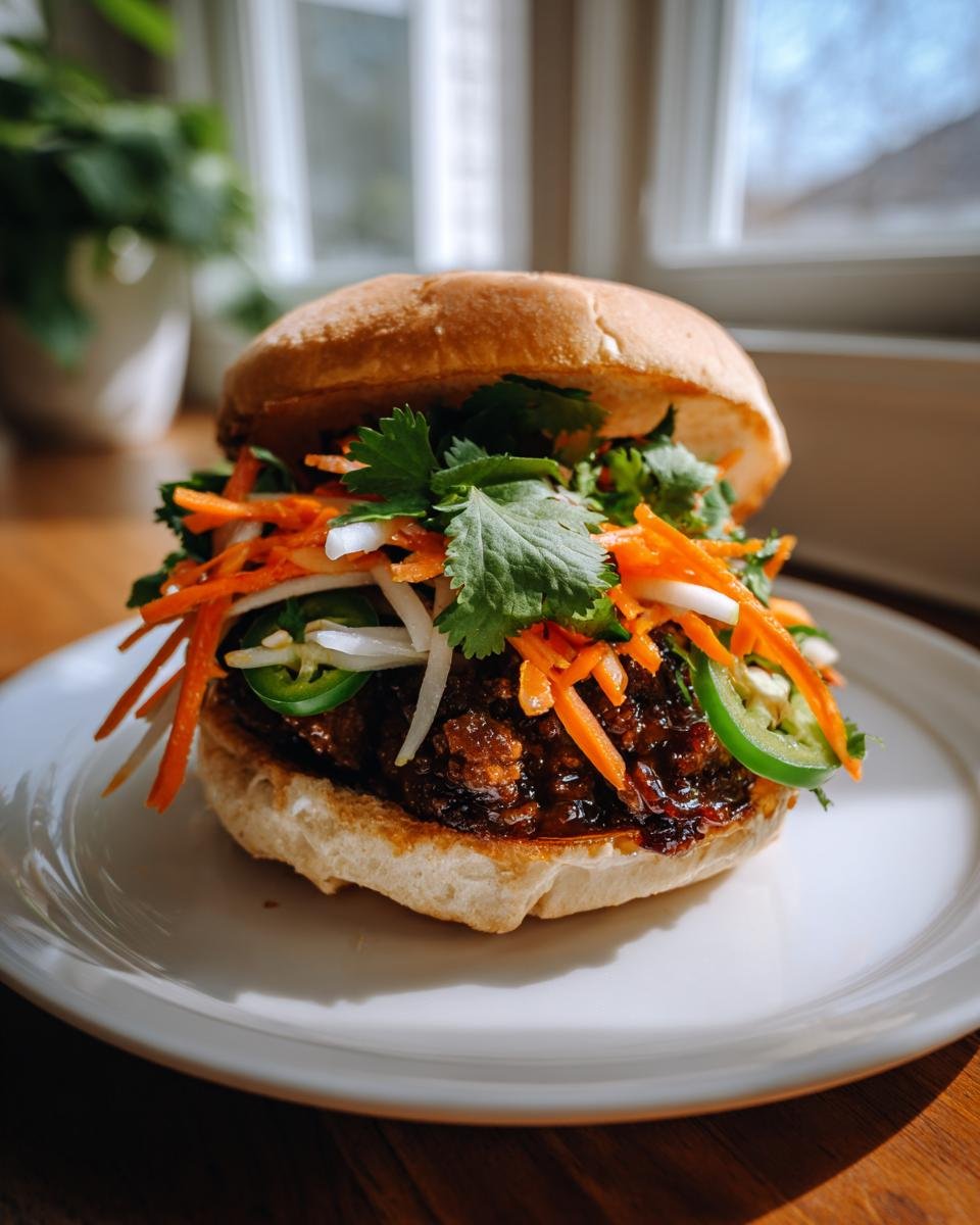 A close-up of a delicious Pork Banh Mi Burger piled high with pickled carrots, cilantro, and jalape&ntilde;os on a white plate.