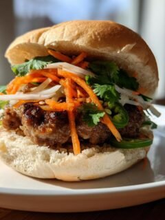 A close-up of a delicious Pork Banh Mi Burger featuring a glazed patty, pickled carrots, daikon, cilantro, and jalape&ntilde;os on a soft bun.