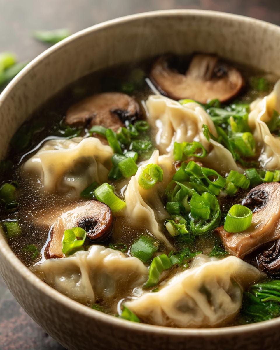 A close-up bowl of savory Potsticker Soup With Mushrooms Bok Choy, garnished with fresh green onions.