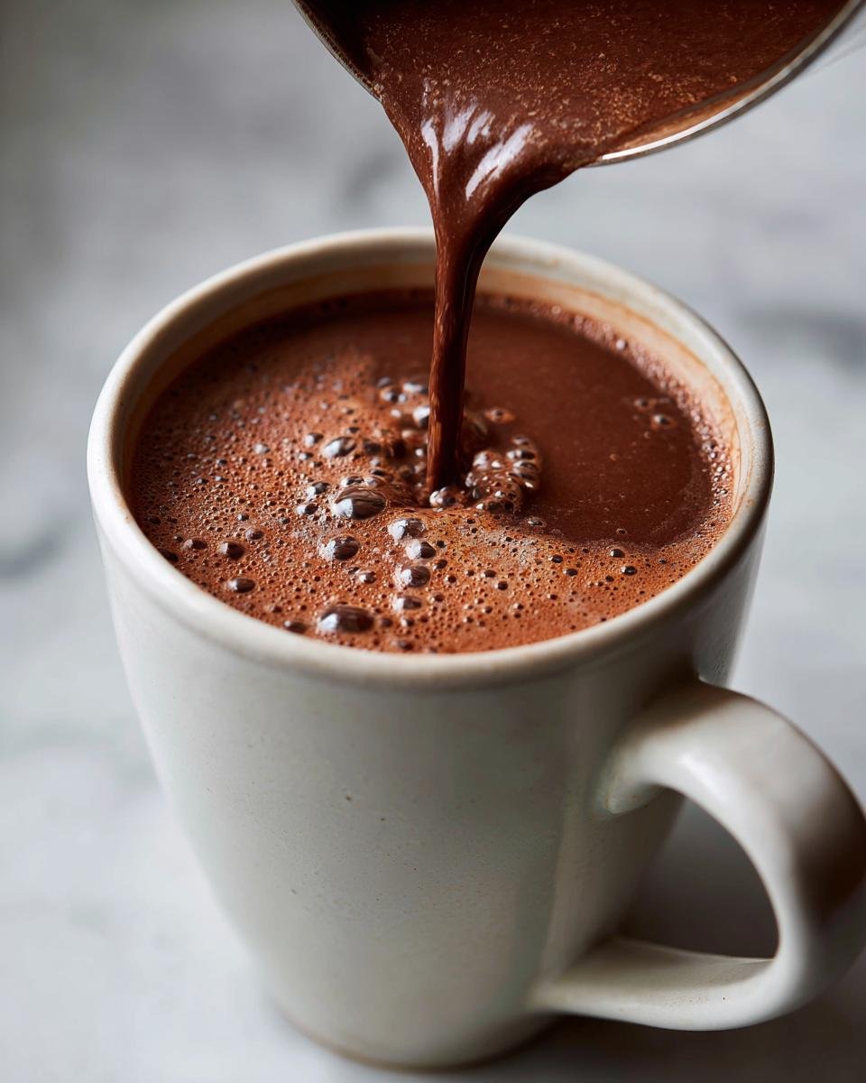 Close-up of thick, rich Protein Hot Chocolate being poured into a white mug, creating a foamy top.