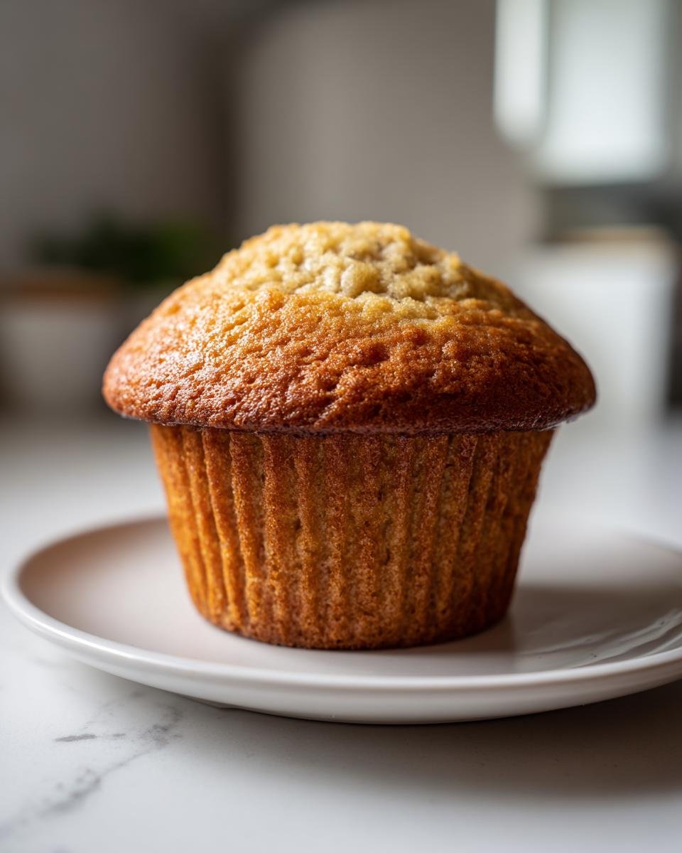 A single, perfectly baked Protein Banana Muffin with a golden-brown domed top sitting on a small white plate.