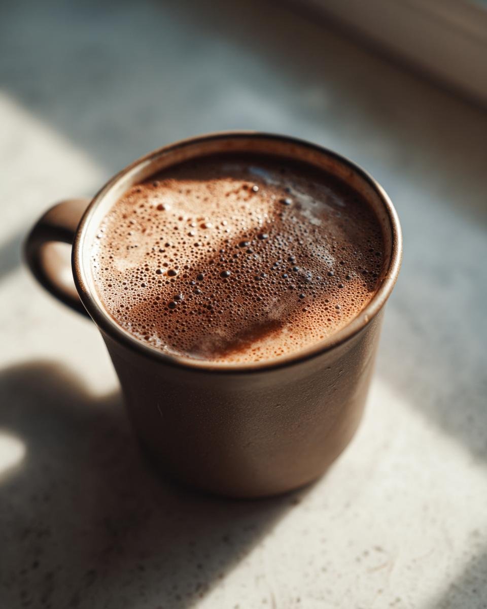 Close-up of a mug filled with frothy Protein Hot Chocolate recipe, catching sunlight.