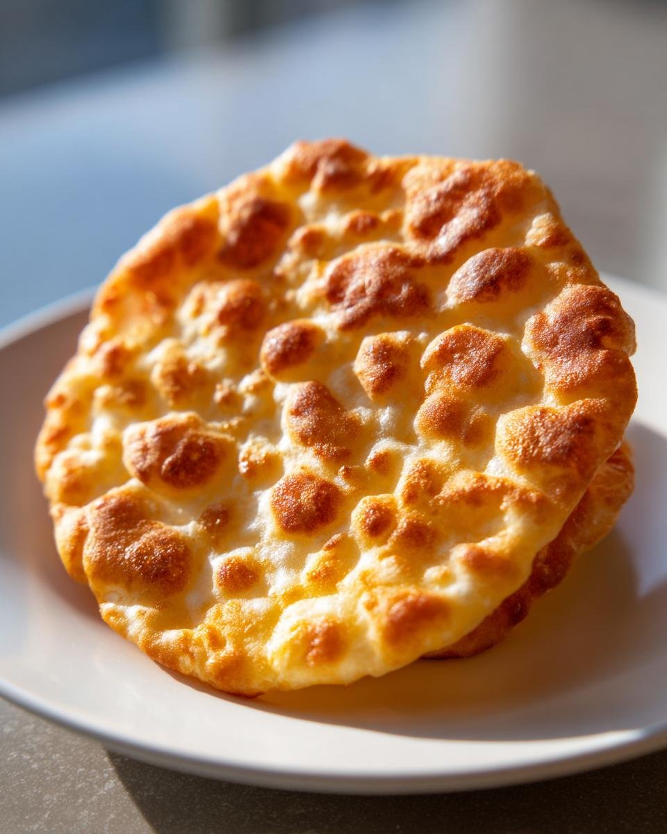 Close-up of golden brown, puffy fry bread with blistered spots resting on a white plate.