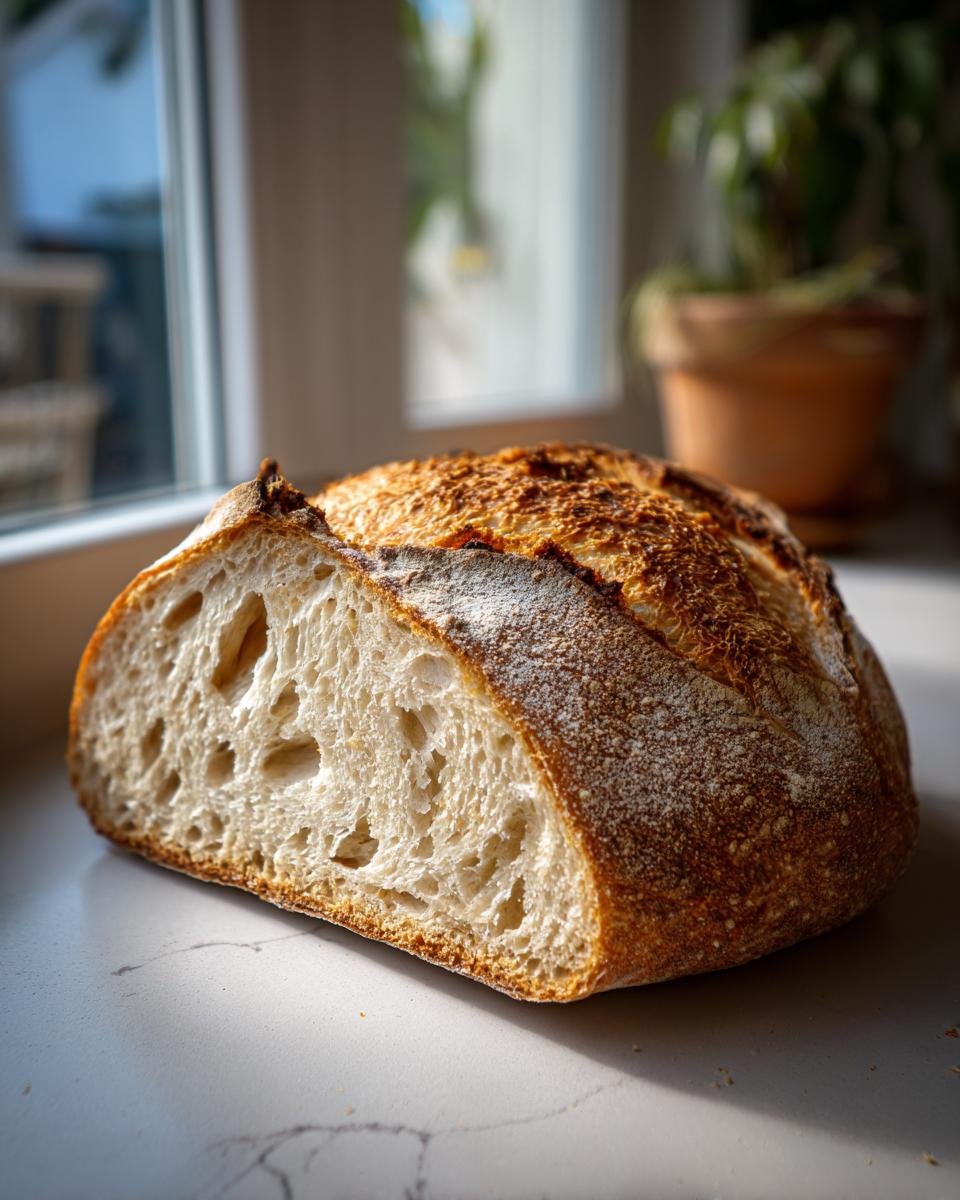 A freshly baked loaf of artisan bread, cut to show the open crumb structure, part of The Best Quick And Easy Bread Recipes.