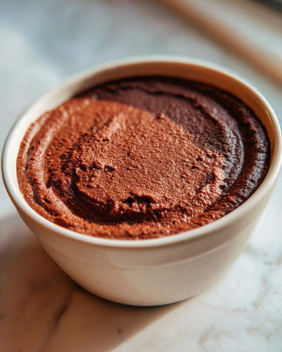 Close-up of rich, dark brown Dairy Free Chocolate Pudding swirled in a small white bowl.