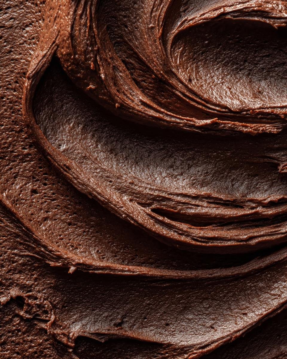 Close-up, abstract texture shot of rich, dark brown Vegan Chocolate Frosting Paleo Dairy Free swirled together.
