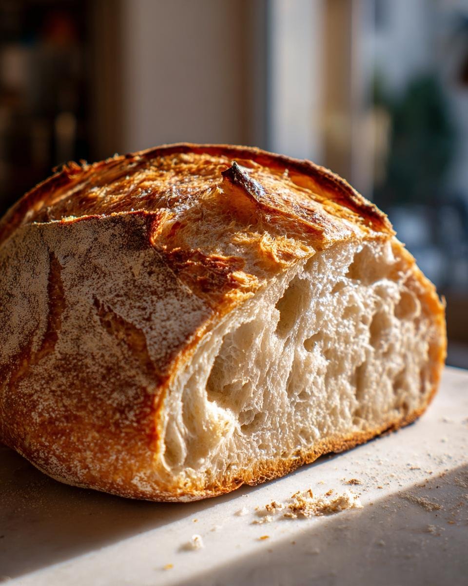 Close-up of a rustic loaf of bread cut open, showing a light, airy crumb structure, perfect for quick and easy bread recipes.