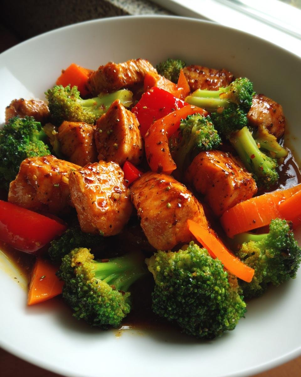 Close-up of glistening chunks of salmon mixed with bright green broccoli florets and orange carrots in a rich sauce, part of a Salmon Stir Fry.
