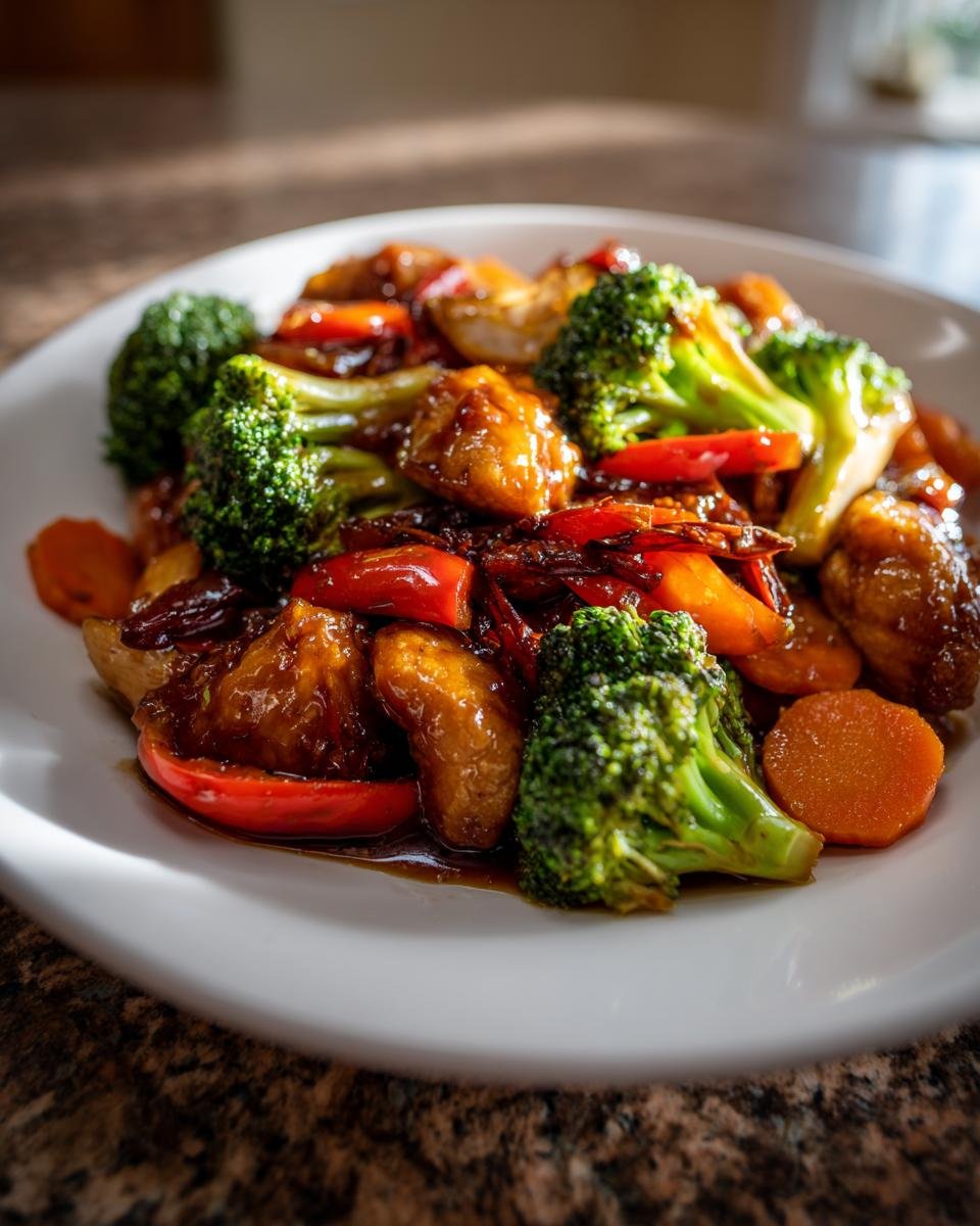 A close-up of a white plate featuring a glossy Salmon Stir Fry with bright green broccoli florets, sliced carrots, and red peppers.