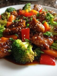 Close-up of a plate featuring glossy Salmon Stir Fry pieces mixed with bright green broccoli and orange carrots.