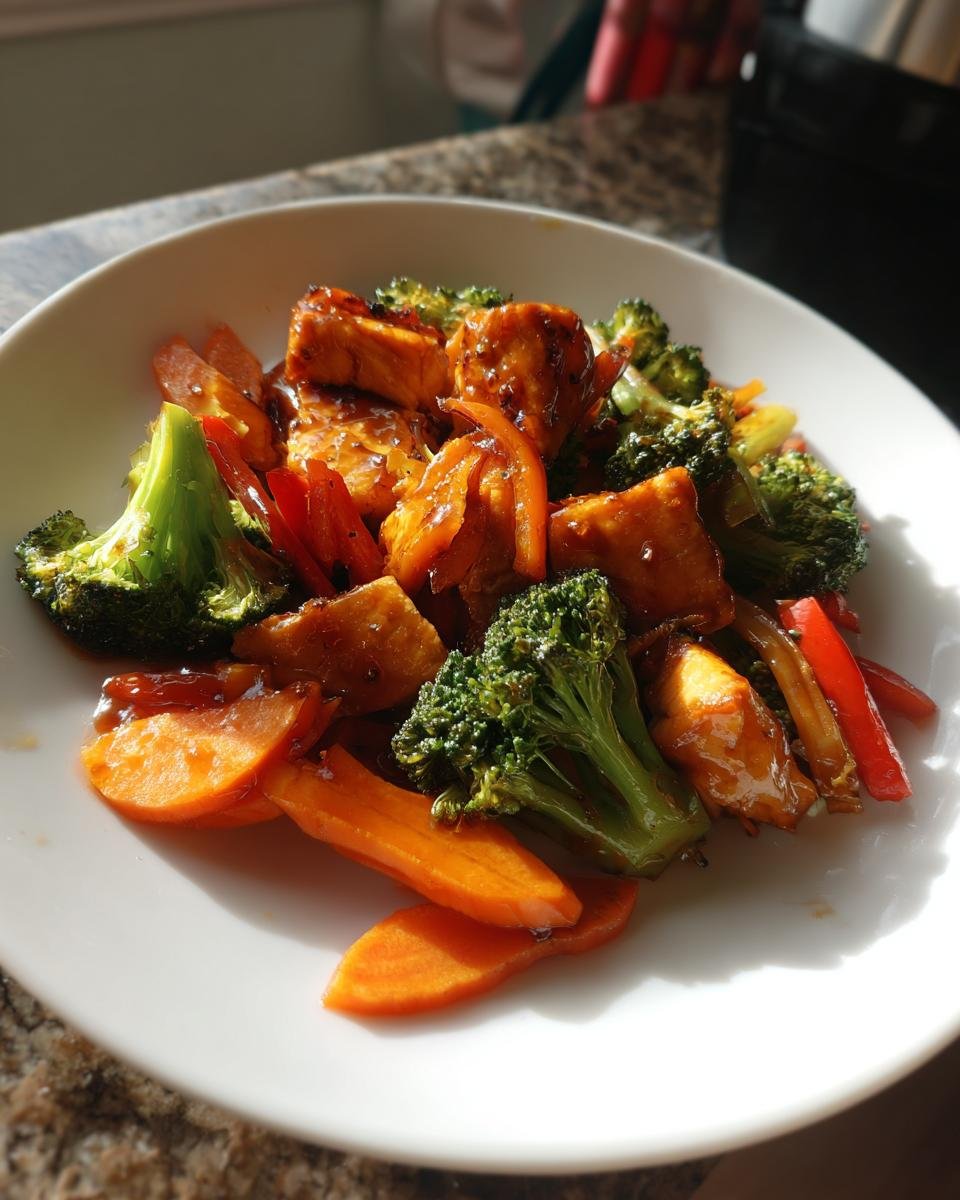 A close-up of a serving of Salmon Stir Fry featuring glazed salmon chunks, bright green broccoli florets, and sliced carrots.