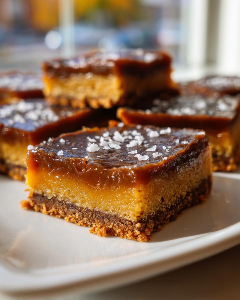 Close-up of Salted Caramel Cookie Bars Gluten Free Paleo squares topped with flaky sea salt on a white plate.