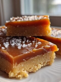 Close-up of stacked Salted Caramel Cookie Bars Gluten Free Paleo topped with flaky sea salt on a white plate.