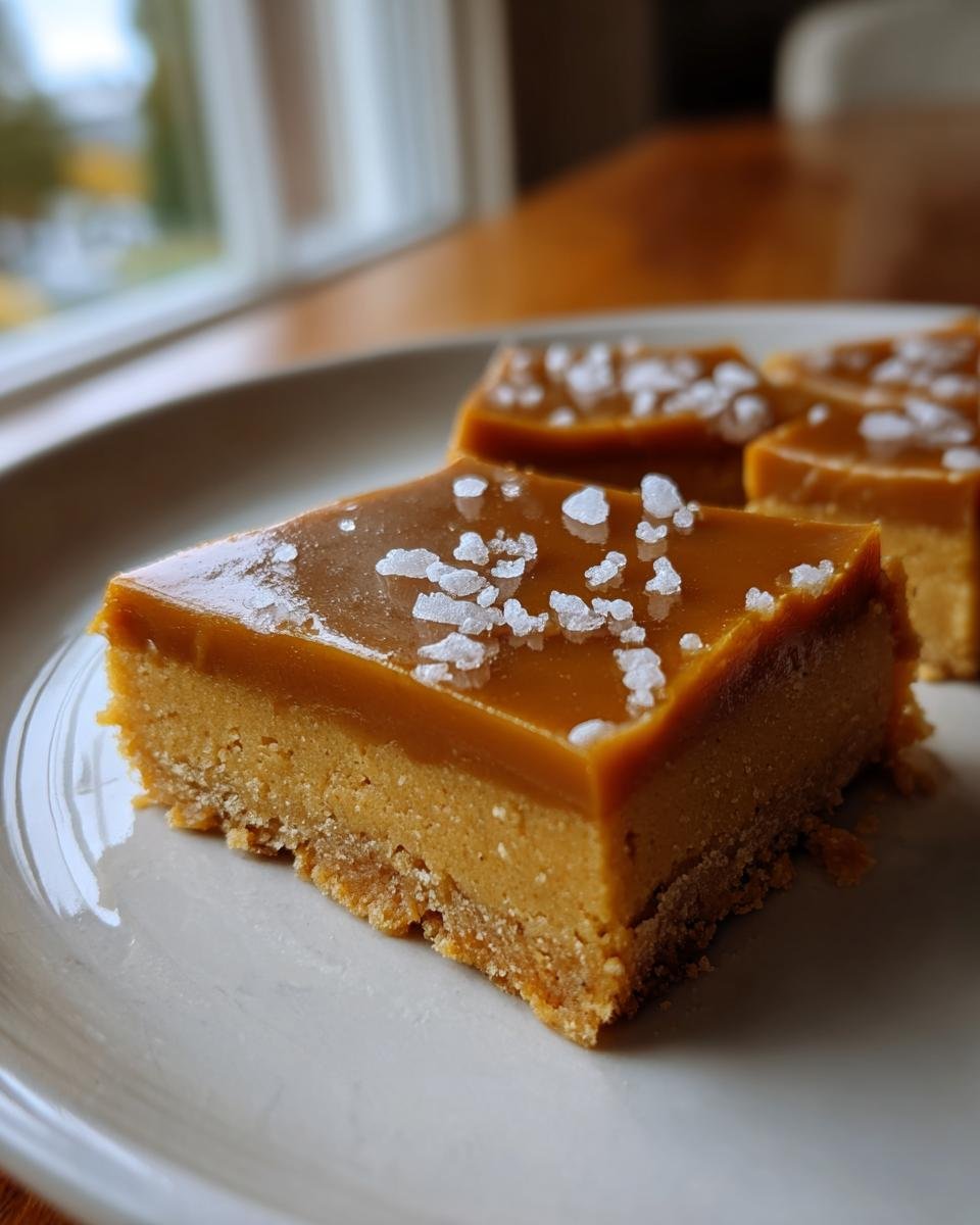 A close-up of a square Salted Caramel Cookie Bars Gluten Free Paleo slice topped with flaky sea salt.