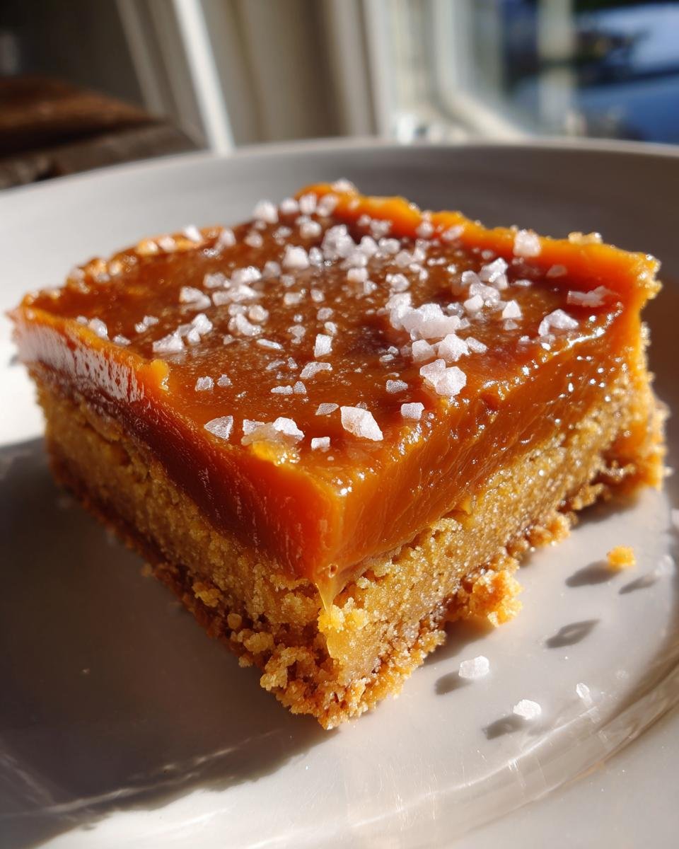 Close-up of a single square of Salted Caramel Cookie Bars Gluten Free Paleo topped with flaky sea salt.