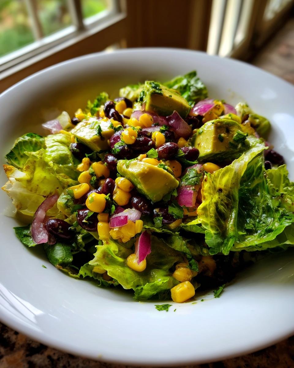 Close-up of a fresh Santa Fe Salad featuring lettuce, black beans, corn, avocado chunks, and red onion.