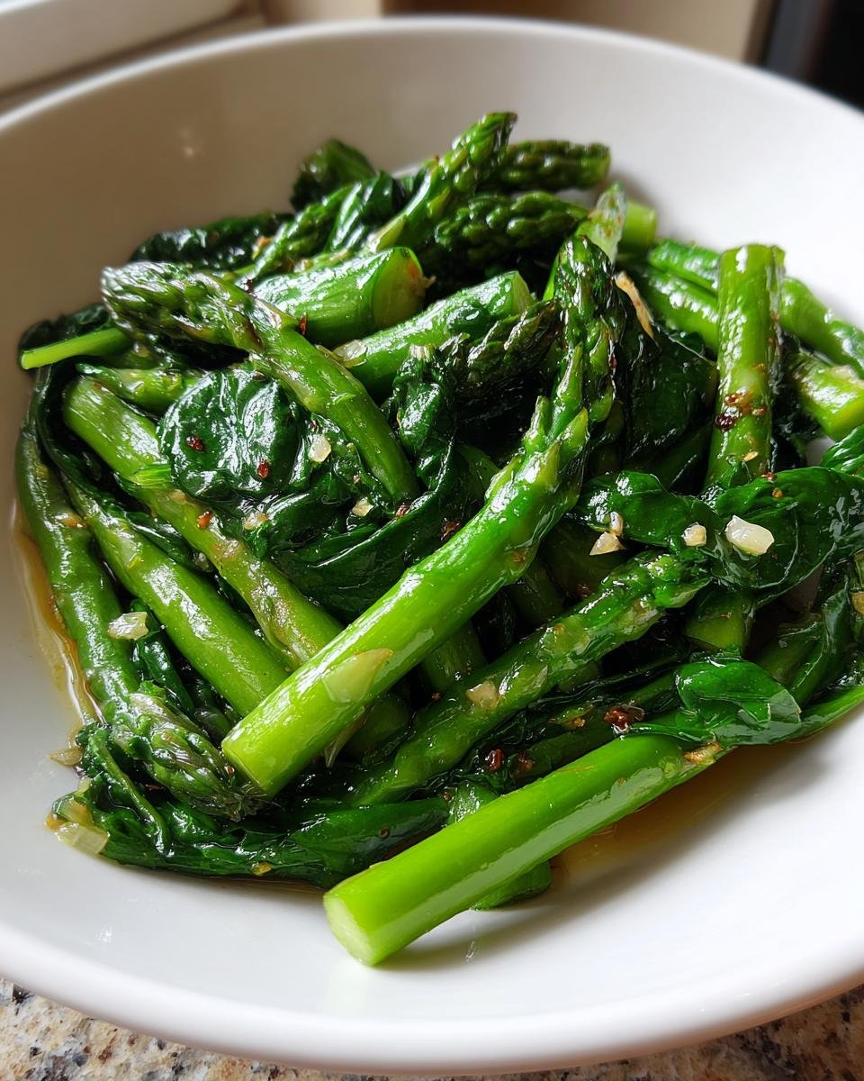 Close-up of bright green, glossy asparagus and spinach in a Savory Asparagus Spinach Saute, seasoned with garlic.