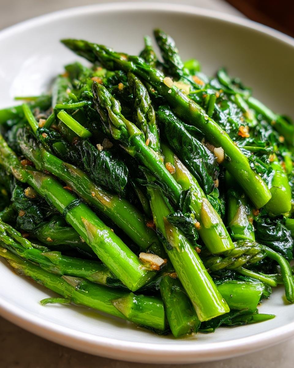 Close-up of bright green asparagus spears and wilted spinach in a Savory Asparagus Spinach Saute.