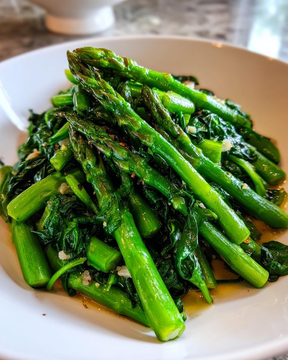 A close-up of bright green, glossy Savory Asparagus Spinach Saute served in a white bowl with visible garlic pieces.