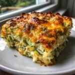 A close-up of a thick slice of Savory Garden Zucchini Casserole with a golden, bubbly cheese topping.