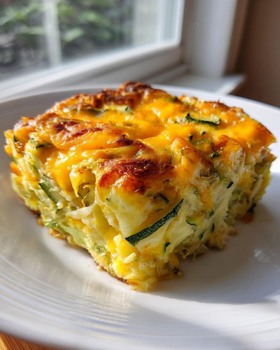 A close-up of a square slice of Savory Garden Zucchini Casserole topped with golden, melted cheese.