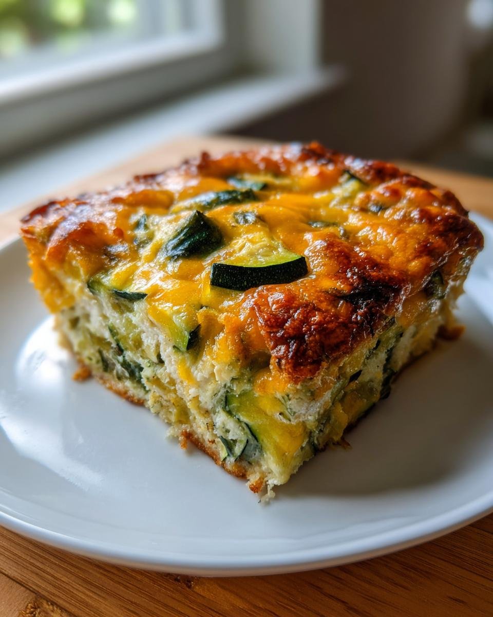 A square slice of Savory Garden Zucchini Casserole with a golden, cheesy top and visible zucchini pieces.