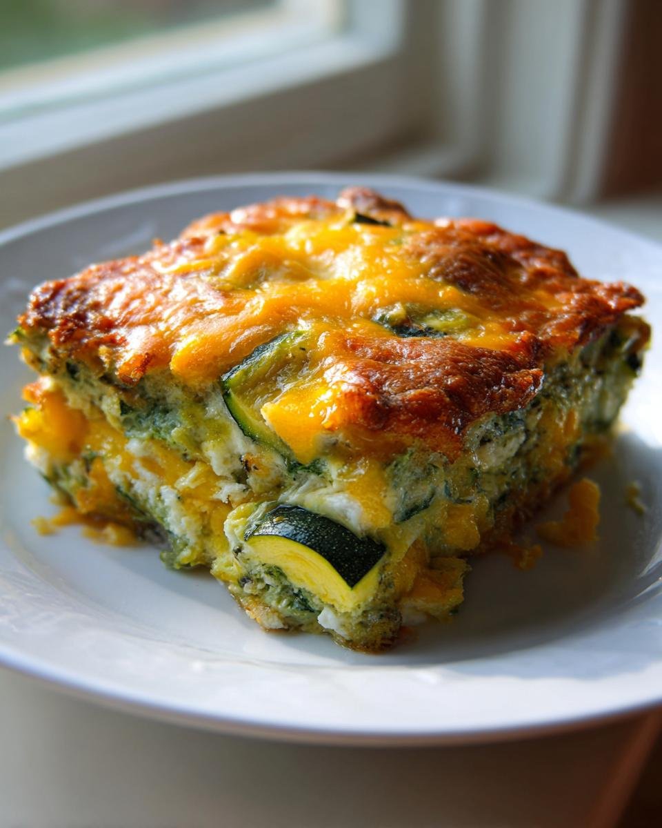 A square slice of Savory Garden Zucchini Casserole topped with melted, browned cheddar cheese.