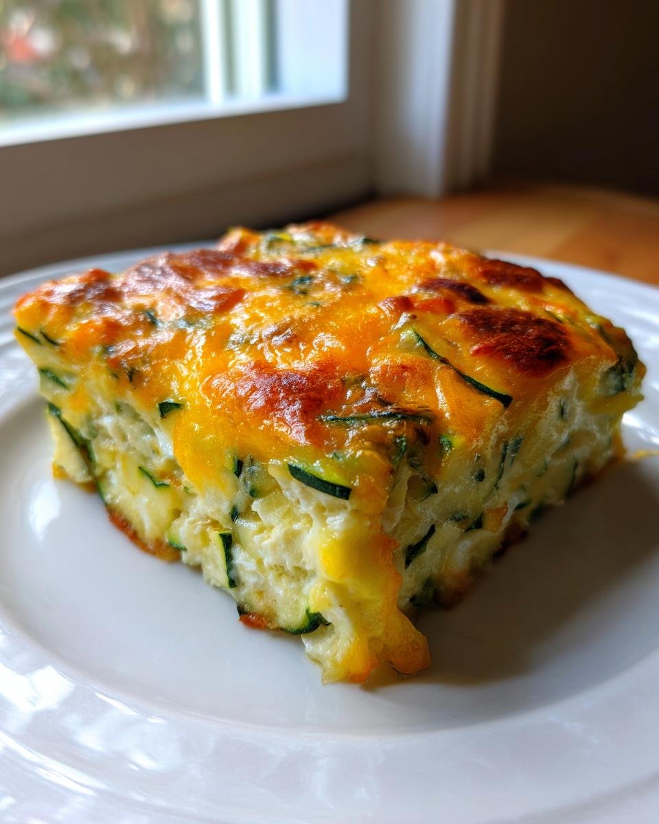 A square slice of Savory Garden Zucchini Casserole with a golden, bubbly cheese topping, served on a white plate.