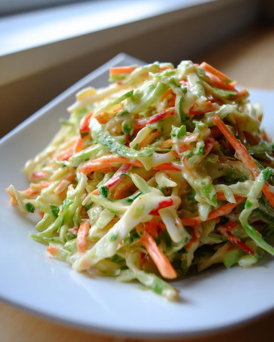 A mound of creamy Seattle Teriyaki Restaurant Coleslaw featuring shredded cabbage, carrots, and a light dressing on a white plate.