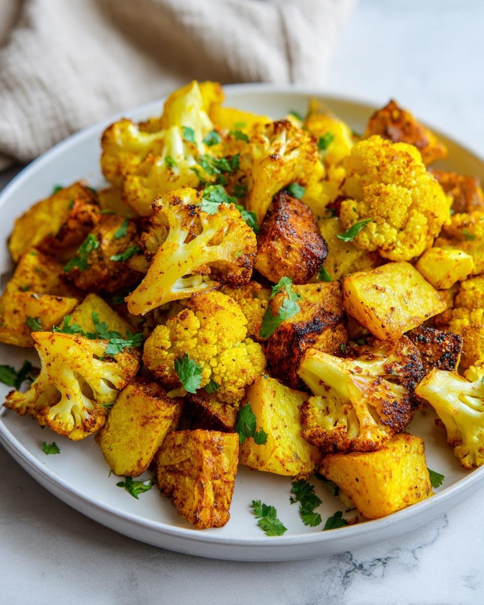 Close-up of roasted potatoes (aloo) and cauliflower (gobi) seasoned with turmeric, served on a white plate.