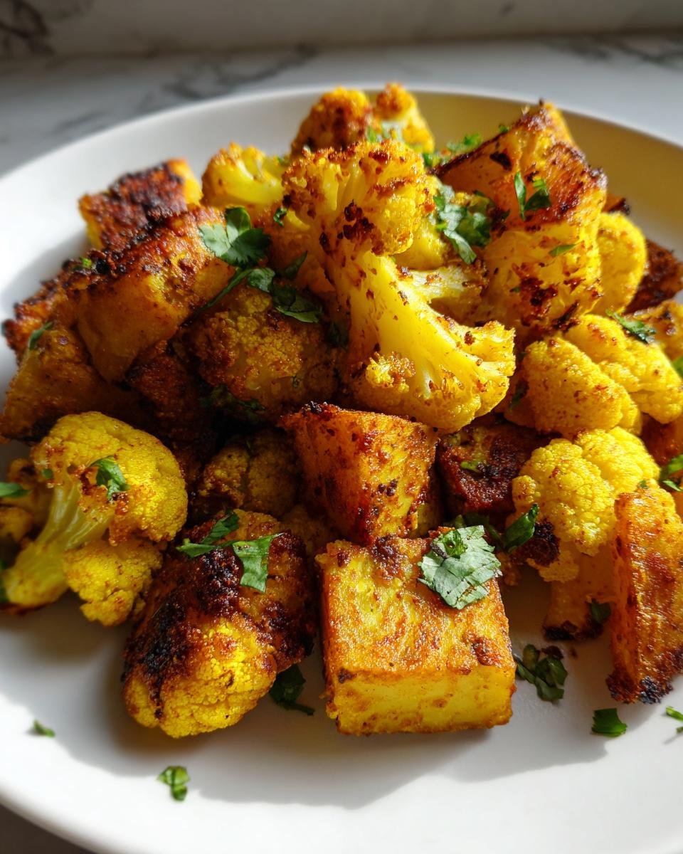 Close-up of roasted potatoes and cauliflower florets seasoned for Sheet Pan Aloo Gobi, garnished with cilantro.