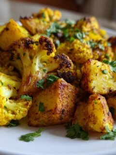 Close-up of roasted potatoes and cauliflower florets seasoned with turmeric, ready to eat Sheet Pan Aloo Gobi.