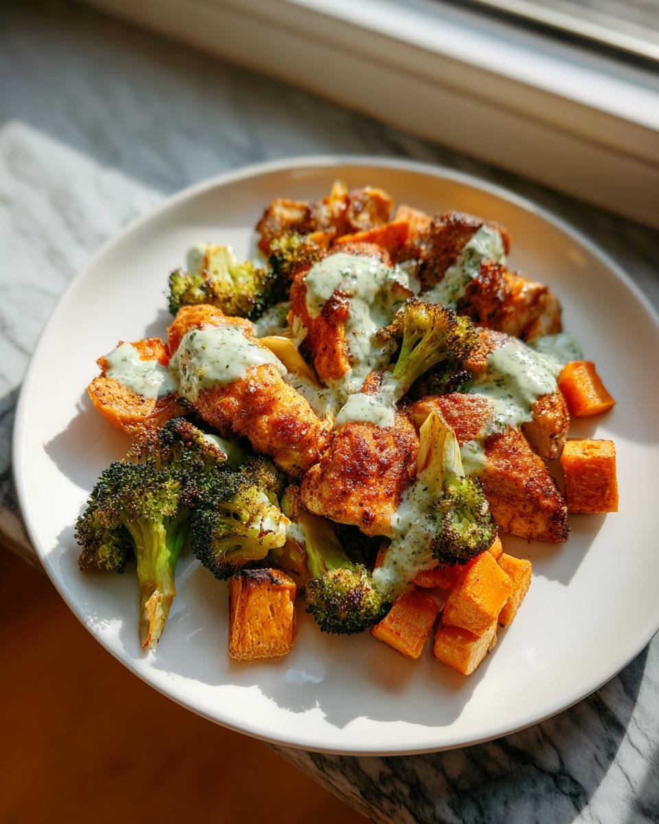 A plate of Sheet Pan Chicken Broccoli And Sweet Potatoes topped with a creamy green aioli.