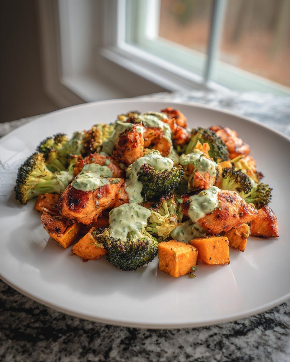 Plate of Sheet Pan Chicken Broccoli And Sweet Potatoes topped with green garlic herb aioli.